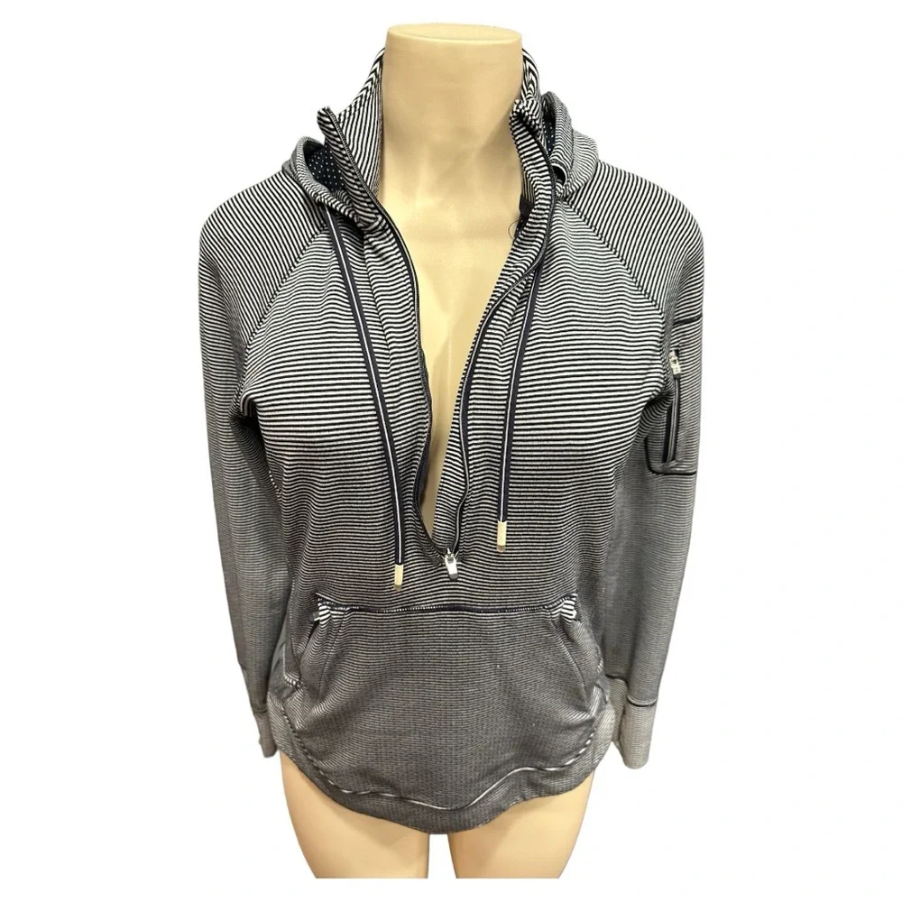 Athleta Heavenly Heights 1/4 Zip Hoodie Navy/White Stripe‎ Size Small - Picture 13 of 15
